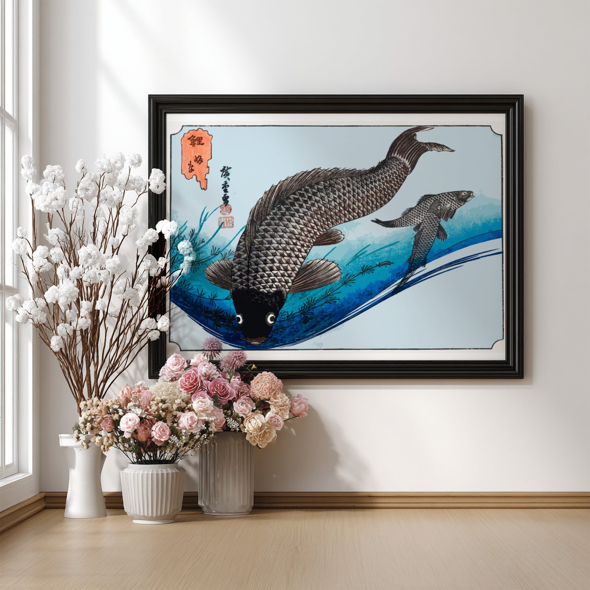 Carp and Crucians art poster featuring traditional Japanese style with fish in tranquil waters, perfect for
