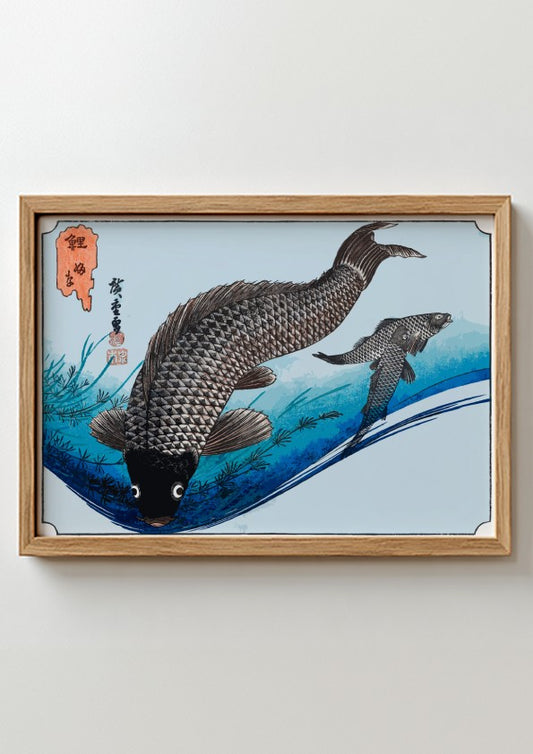 Carp and Crucians art poster featuring traditional Japanese style with fish in tranquil waters, perfect for