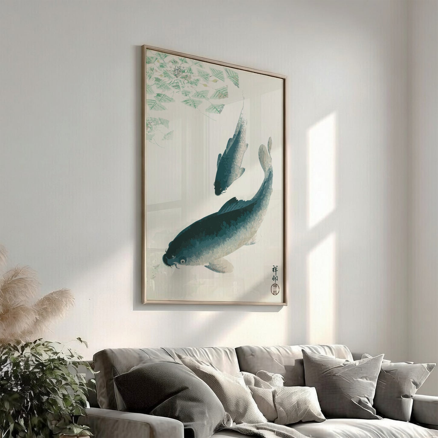 Poster of Ohara Koson's Japanese art print featuring two carp or koi fish swimming in water with green lily