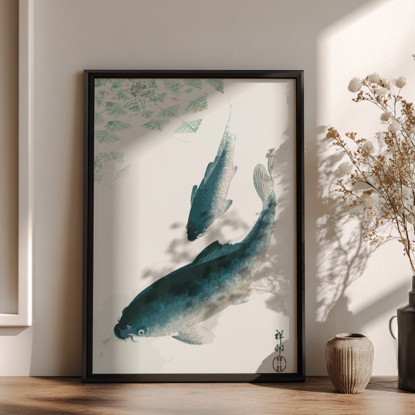 Poster of Ohara Koson's Japanese art print featuring two carp or koi fish swimming in water with green lily