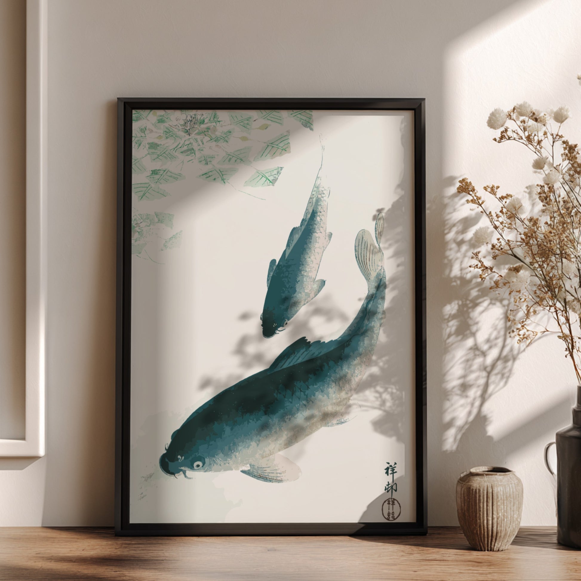Poster of Ohara Koson's Japanese art print featuring two carp or koi fish swimming in water with green lily
