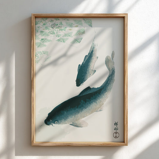 Poster of Ohara Koson's Japanese art print featuring two carp or koi fish swimming in water with green lily