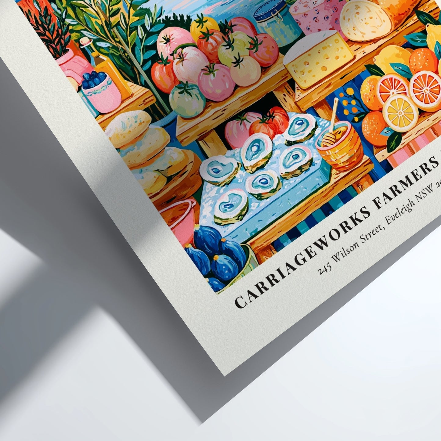 Farmers market poster featuring colorful produce and a bridge in Eveleigh