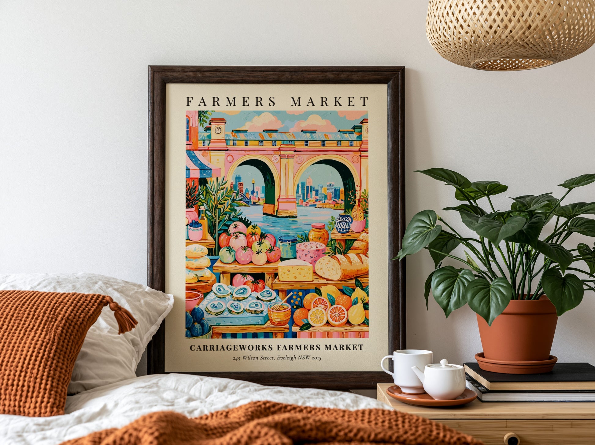 Farmers market poster featuring colorful produce and a bridge in Eveleigh