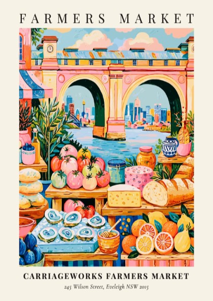 Farmers market poster featuring colorful produce and a bridge in Eveleigh