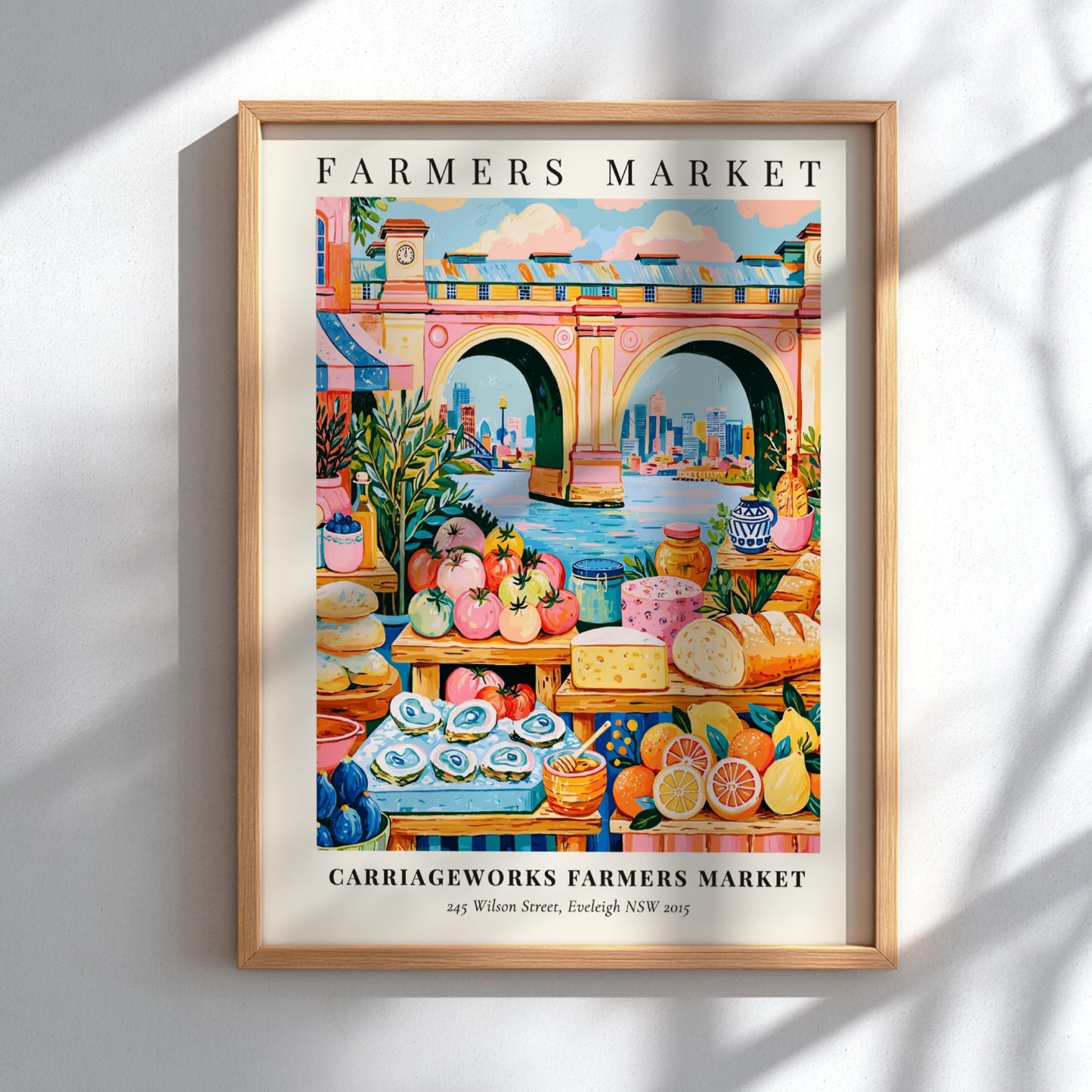 Farmers market poster featuring colorful produce and a bridge in Eveleigh
