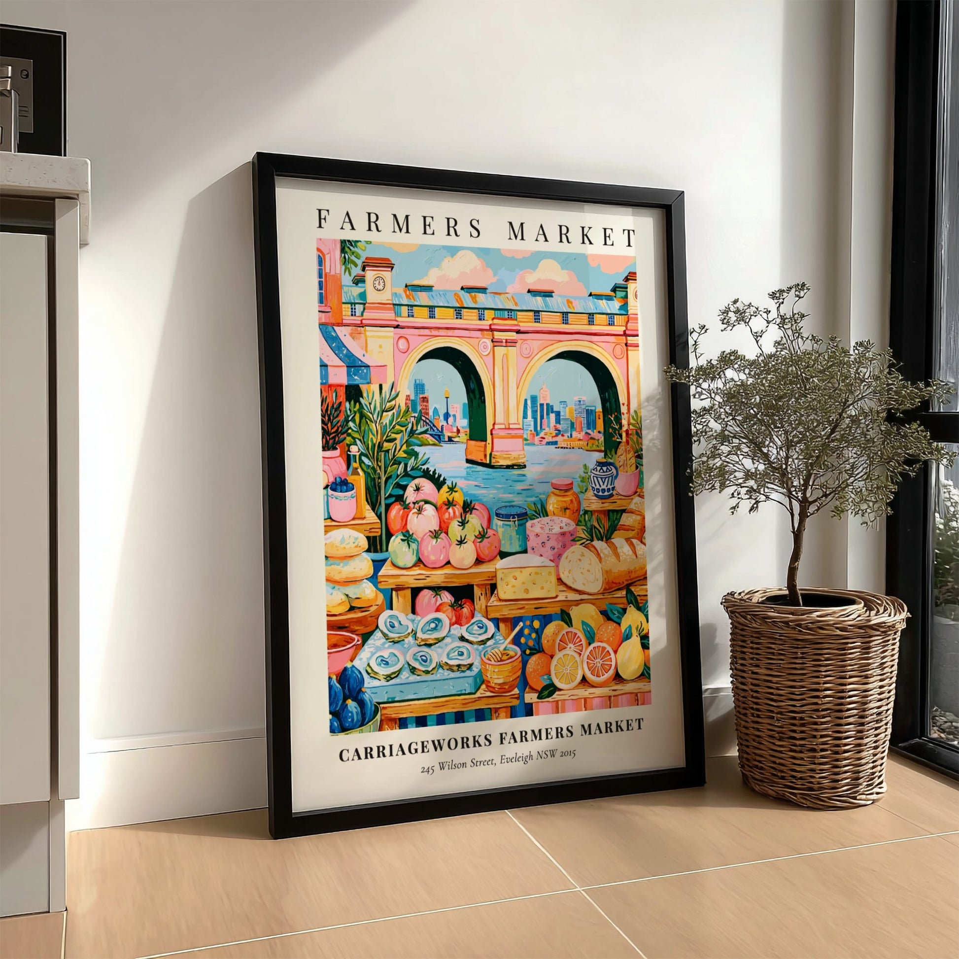 Farmers market poster featuring colorful produce and a bridge in Eveleigh