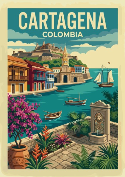 Vintage travel poster of Cartagena, Colombia, showcasing colorful buildings and sailboats.