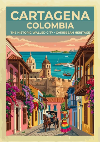 Cartagena Colombia travel poster featuring colonial buildings, a horse carriage, and Caribbean harbor views.