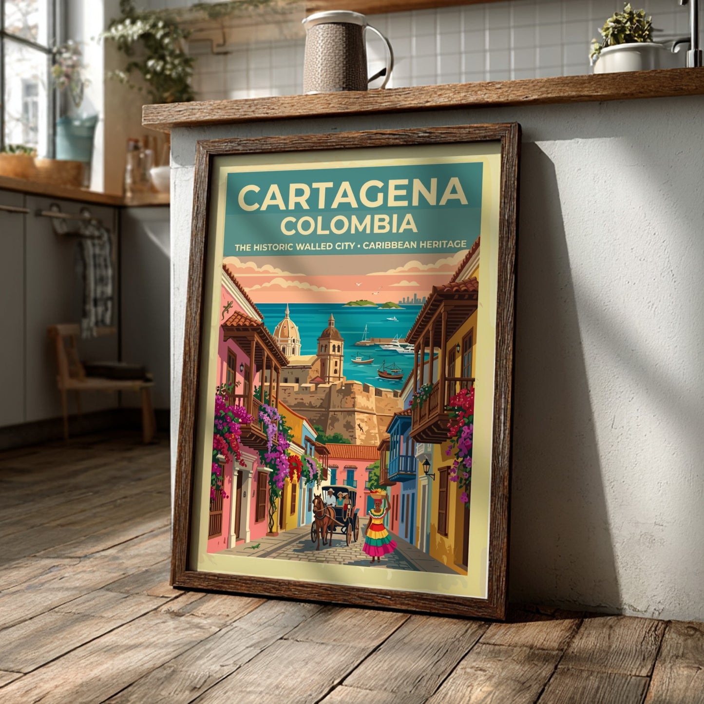 Cartagena Colombia travel poster featuring colonial buildings, a horse carriage, and Caribbean harbor views.