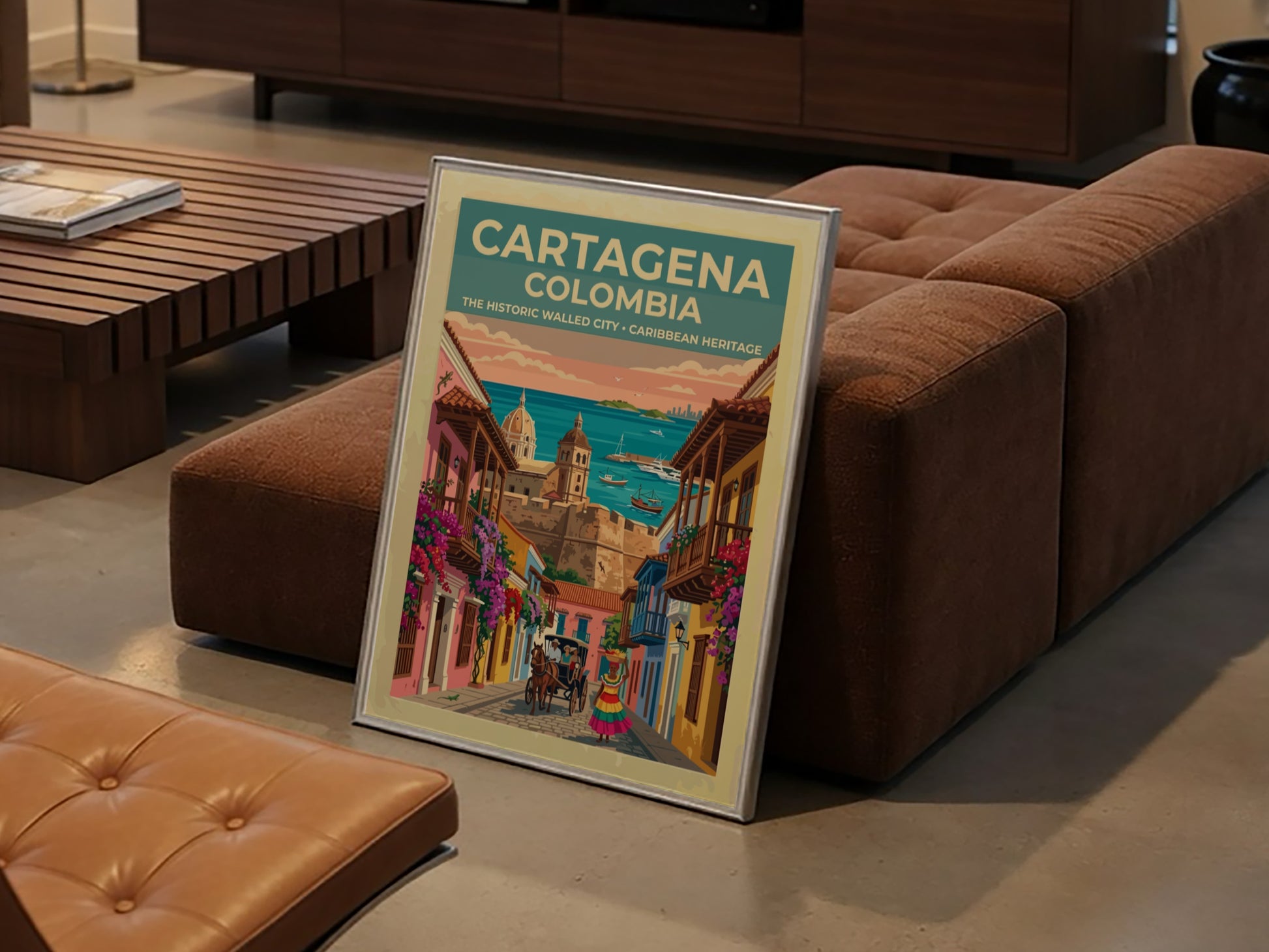 Cartagena Colombia travel poster featuring colonial buildings, a horse carriage, and Caribbean harbor views.