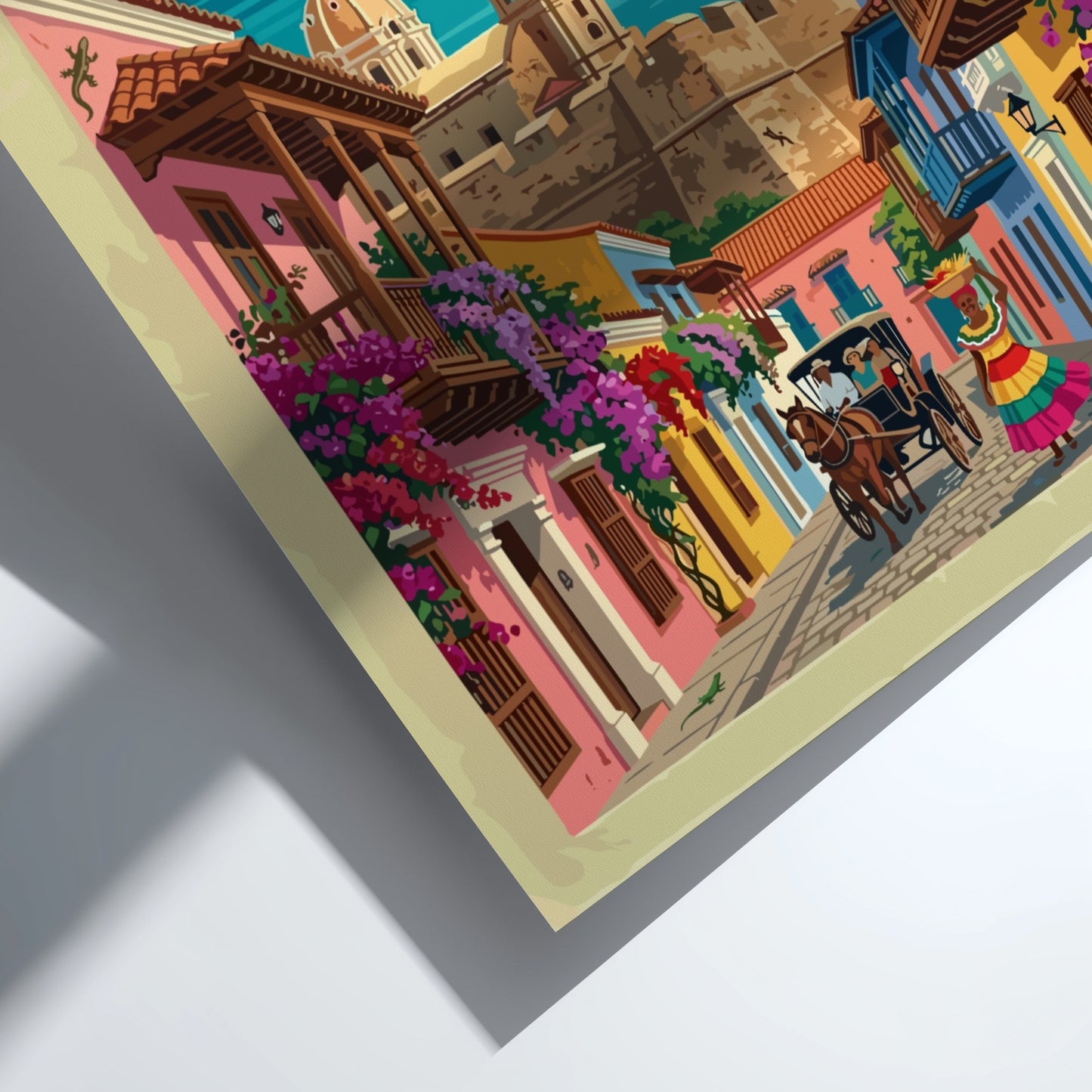 Cartagena Colombia travel poster featuring colonial buildings, a horse carriage, and Caribbean harbor views.