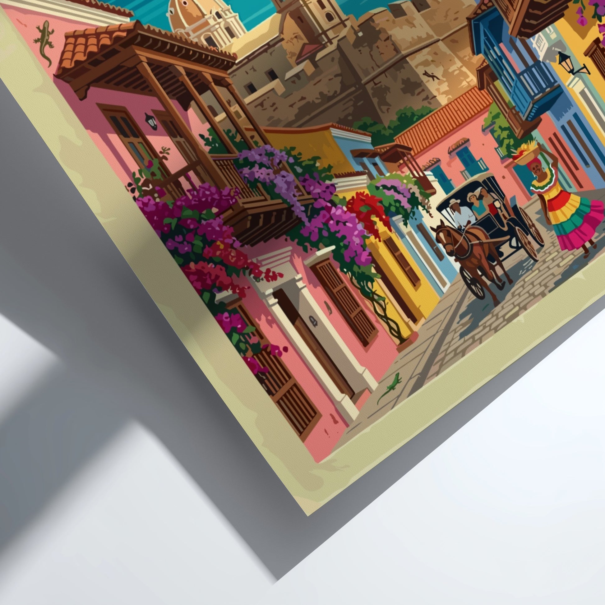 Cartagena Colombia travel poster featuring colonial buildings, a horse carriage, and Caribbean harbor views.