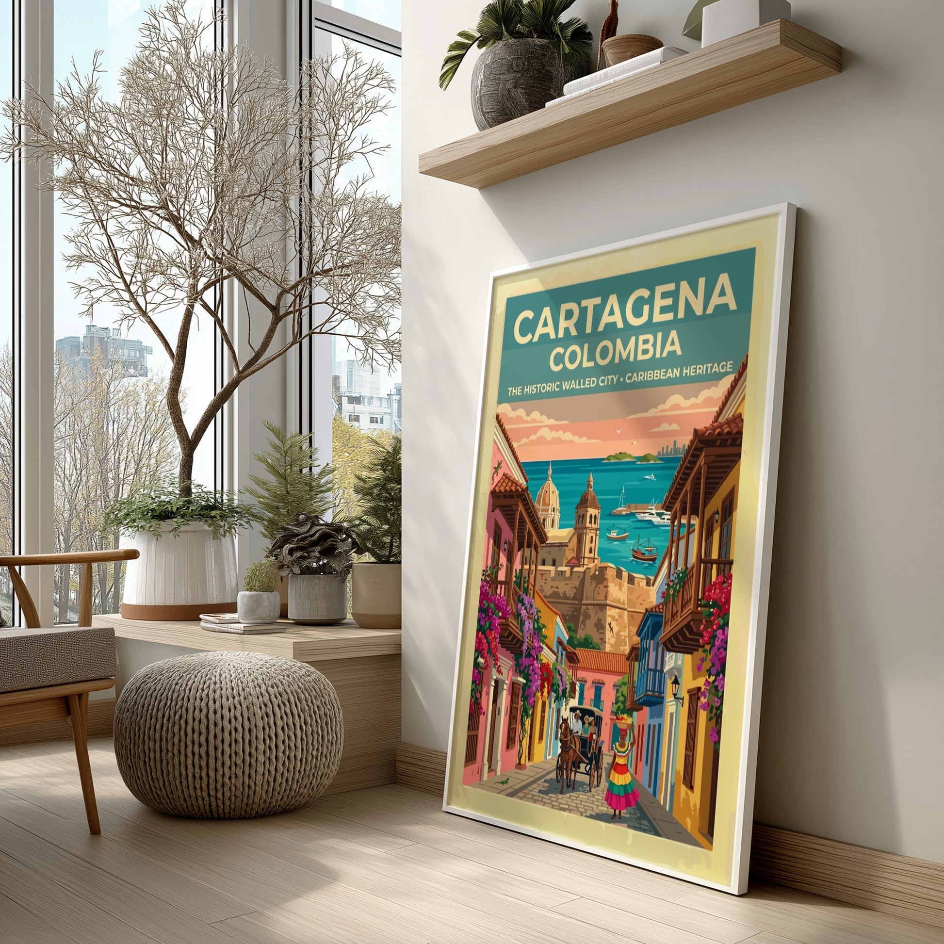 Cartagena Colombia travel poster featuring colonial buildings, a horse carriage, and Caribbean harbor views.