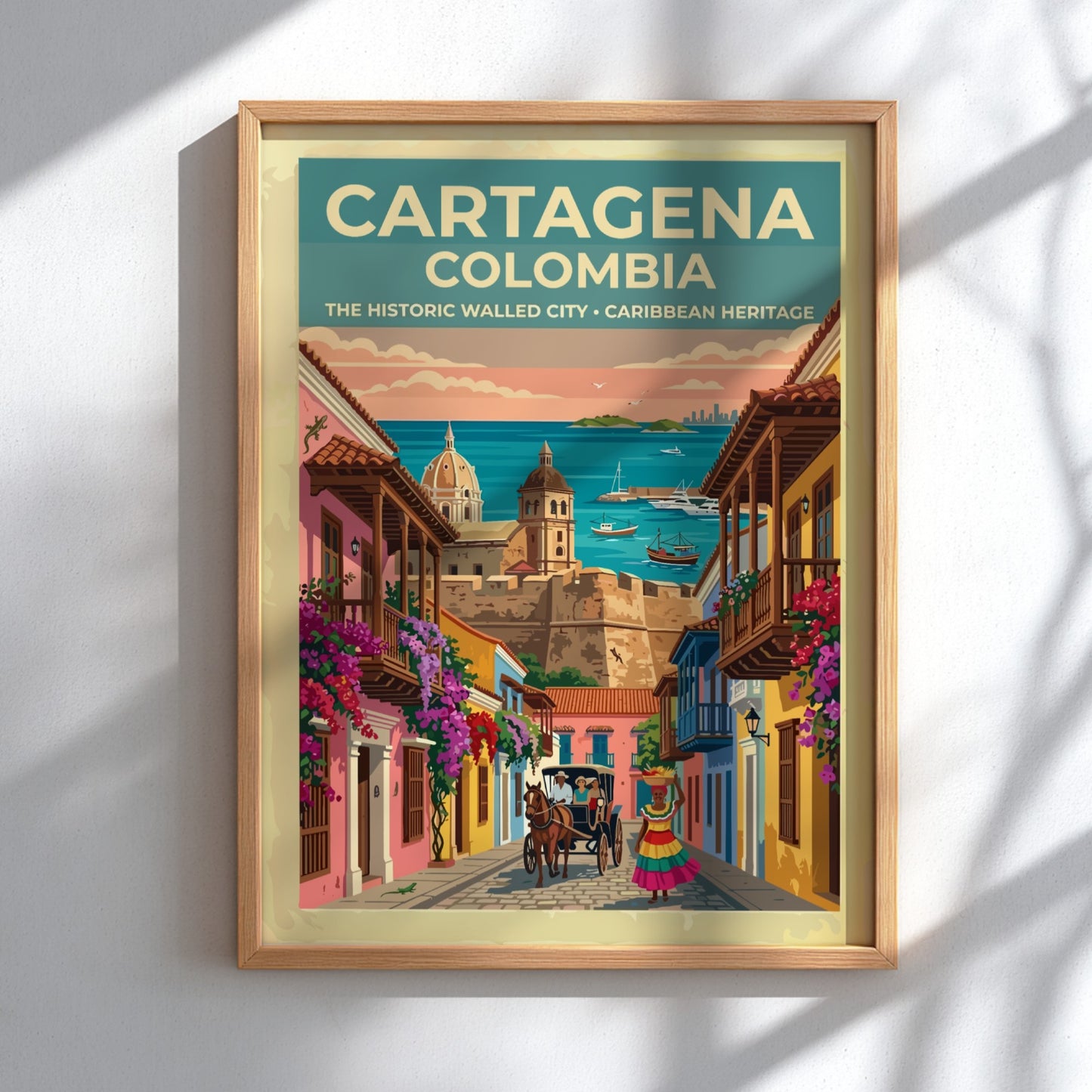 Cartagena Colombia travel poster featuring colonial buildings, a horse carriage, and Caribbean harbor views.
