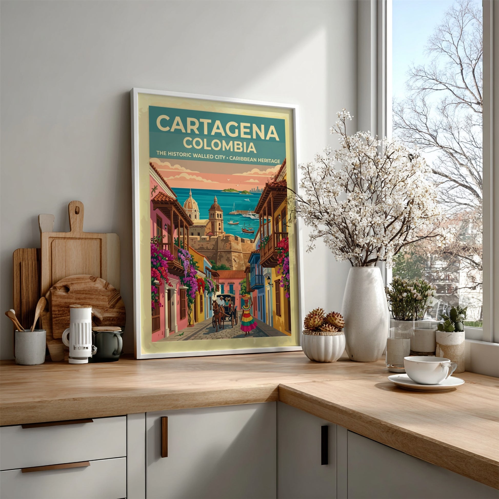 Cartagena Colombia travel poster featuring colonial buildings, a horse carriage, and Caribbean harbor views.