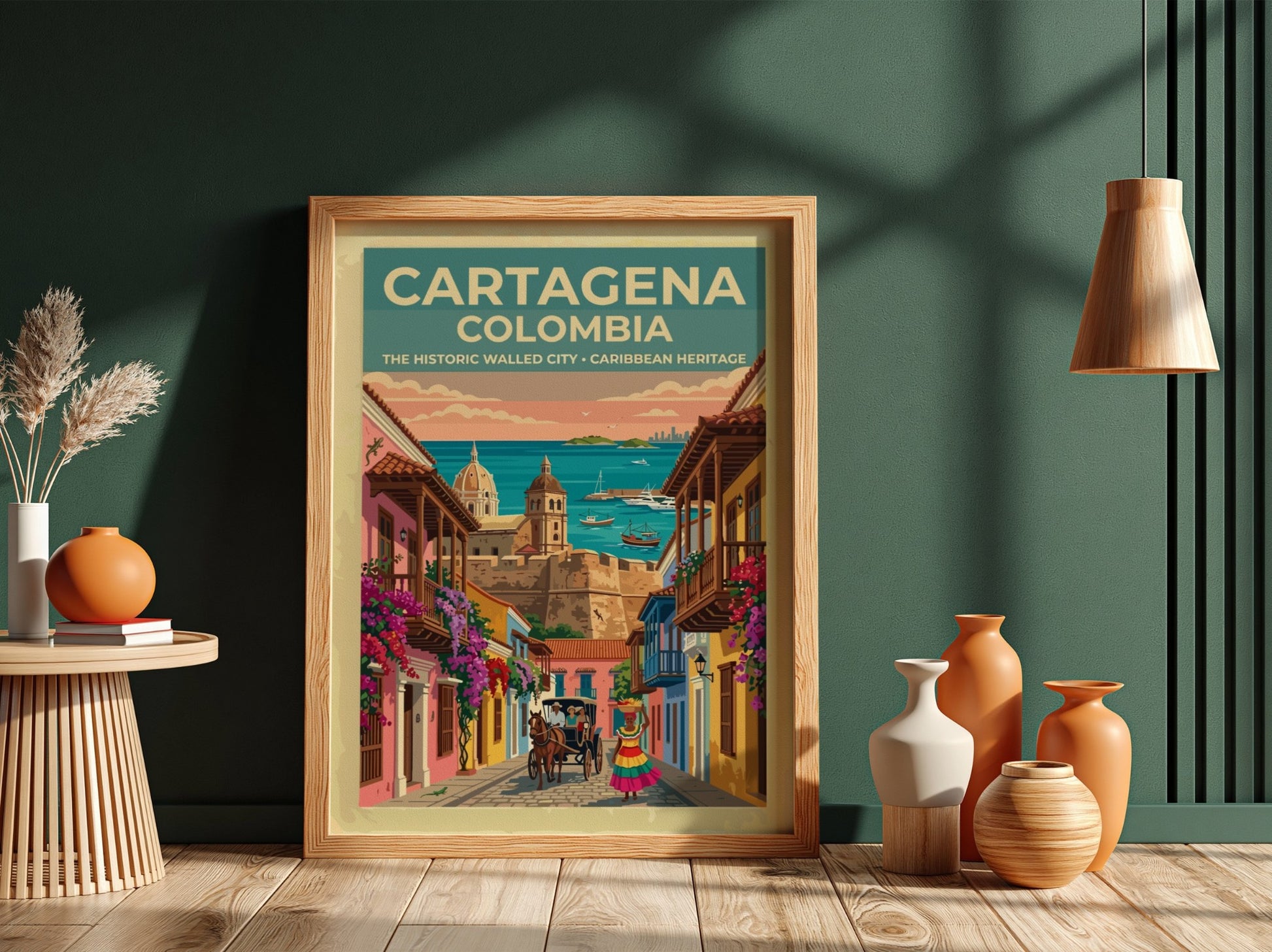 Cartagena Colombia travel poster featuring colonial buildings, a horse carriage, and Caribbean harbor views.
