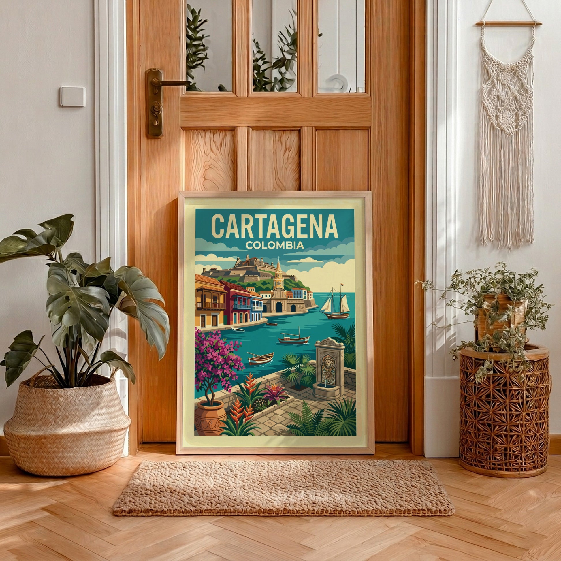 Vintage travel poster of Cartagena, Colombia, showcasing colorful buildings and sailboats.