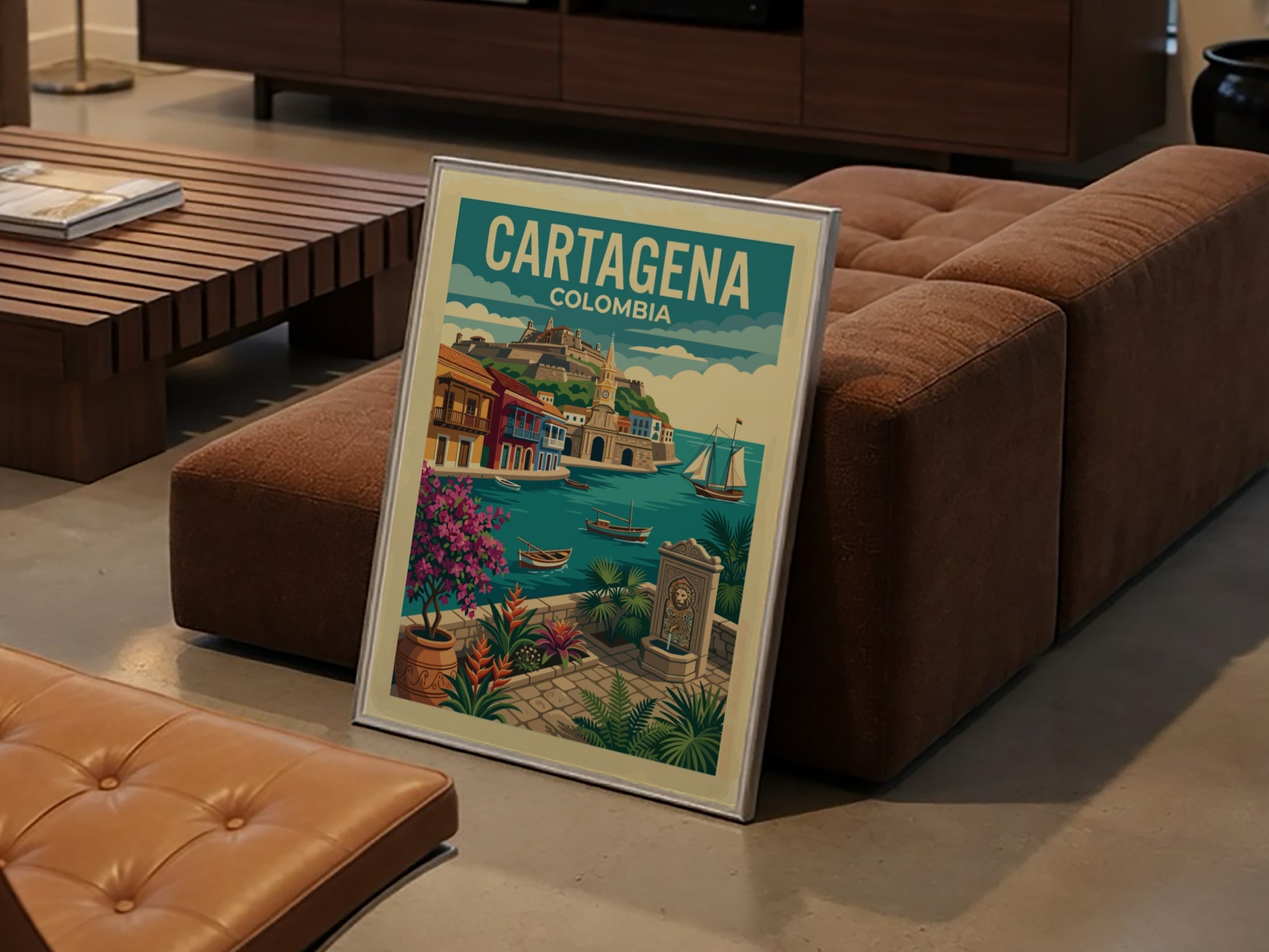 Vintage travel poster of Cartagena, Colombia, showcasing colorful buildings and sailboats.