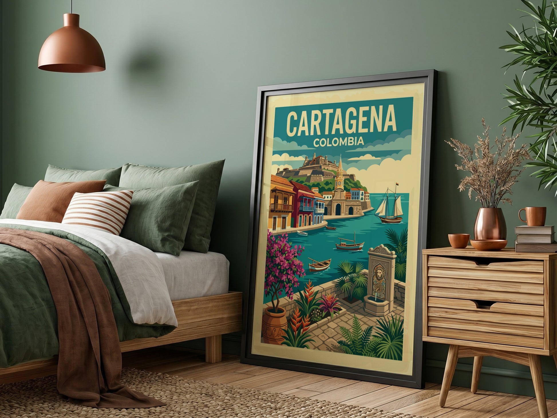 Vintage travel poster of Cartagena, Colombia, showcasing colorful buildings and sailboats.