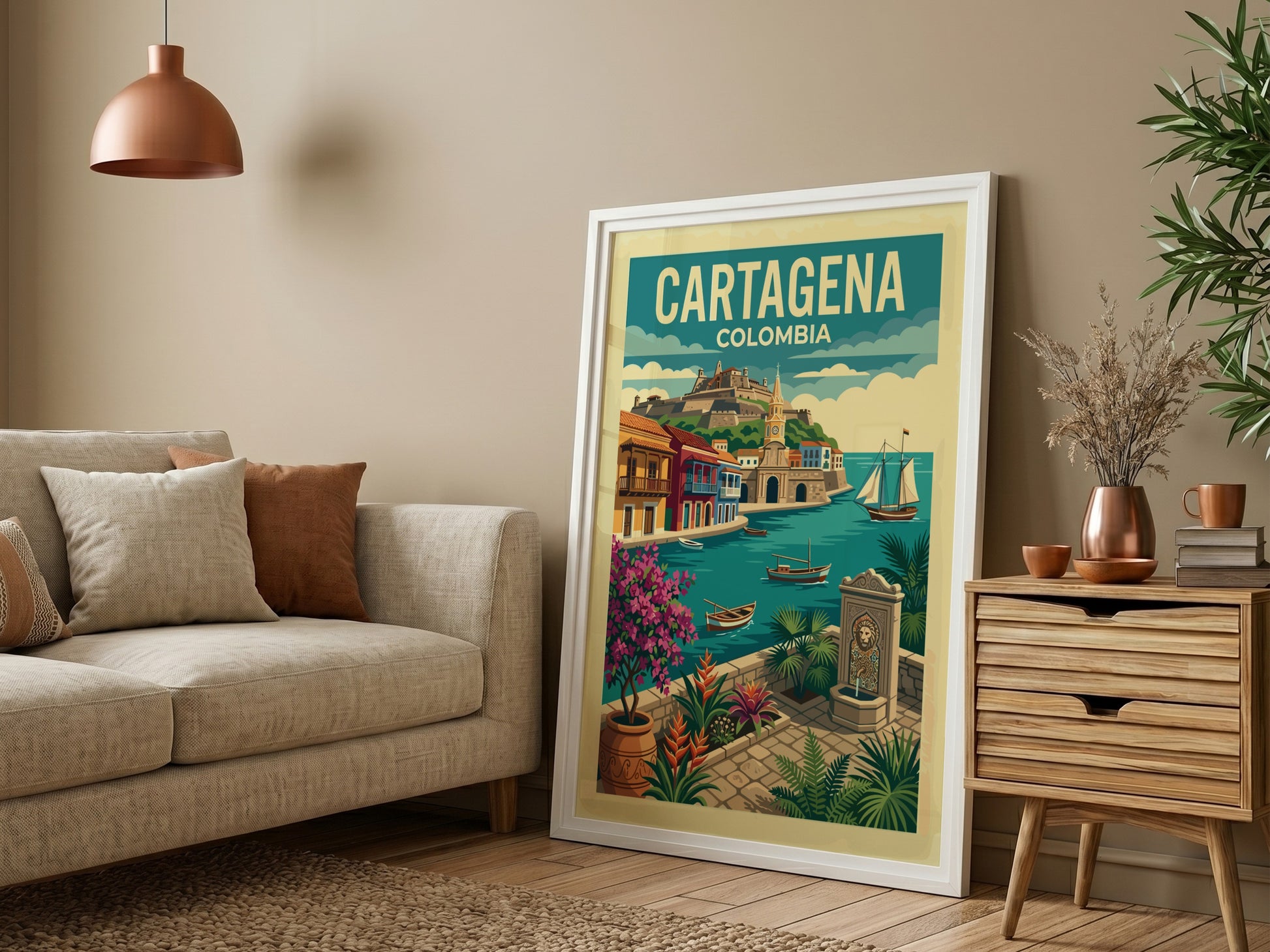 Vintage travel poster of Cartagena, Colombia, showcasing colorful buildings and sailboats.