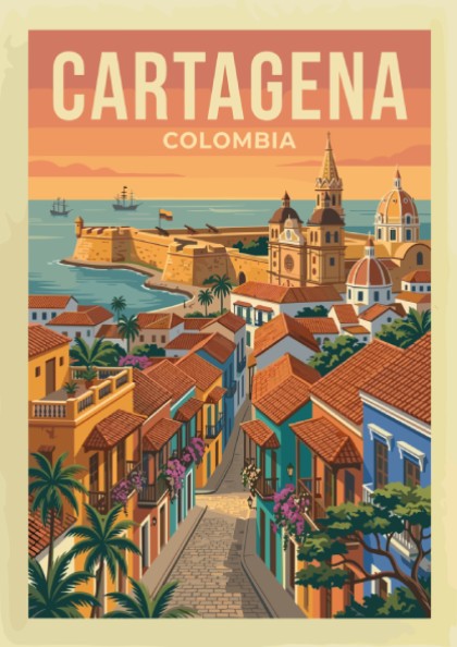 Cartagena Colombia travel poster featuring a colorful colonial street and historic fortifications under a