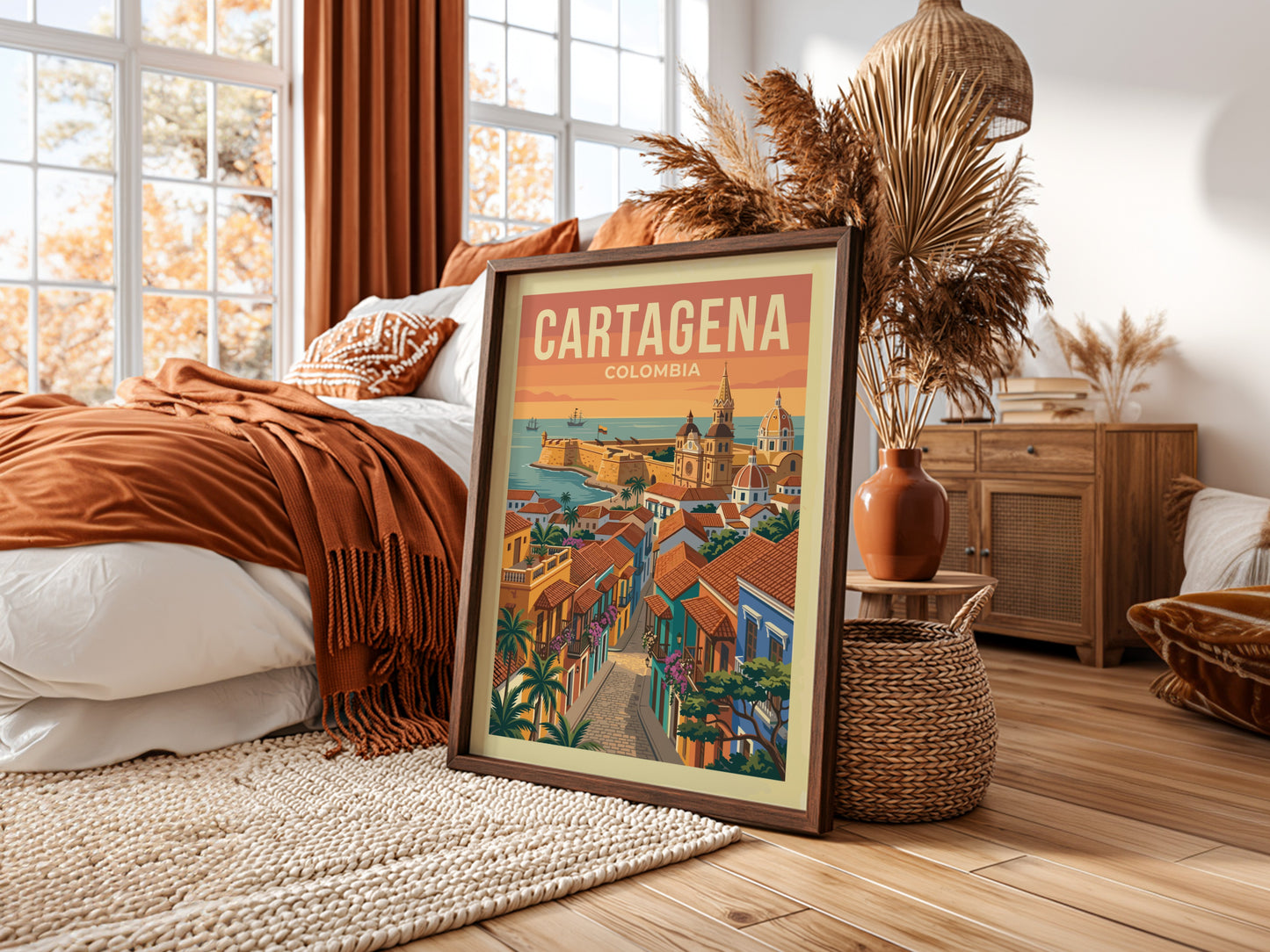 Cartagena Colombia travel poster featuring a colorful colonial street and historic fortifications under a