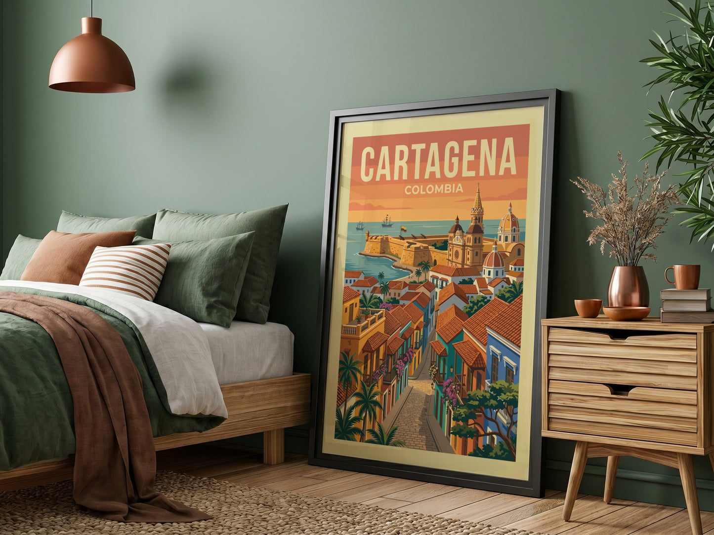 Cartagena Colombia travel poster featuring a colorful colonial street and historic fortifications under a