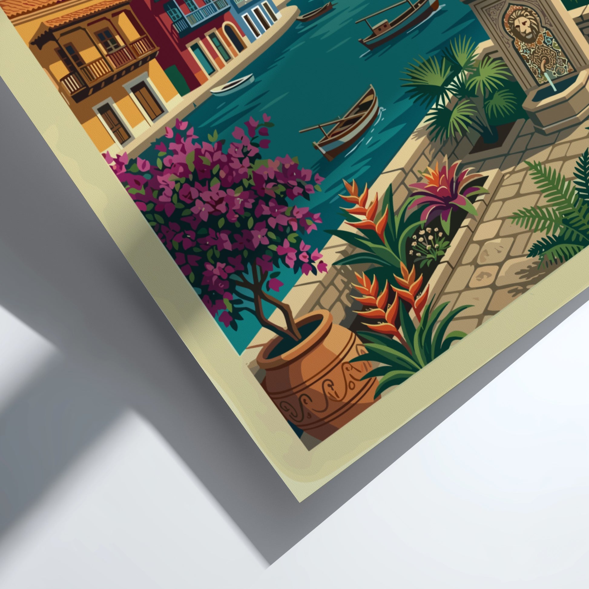 Vintage travel poster of Cartagena, Colombia, showcasing colorful buildings and sailboats.