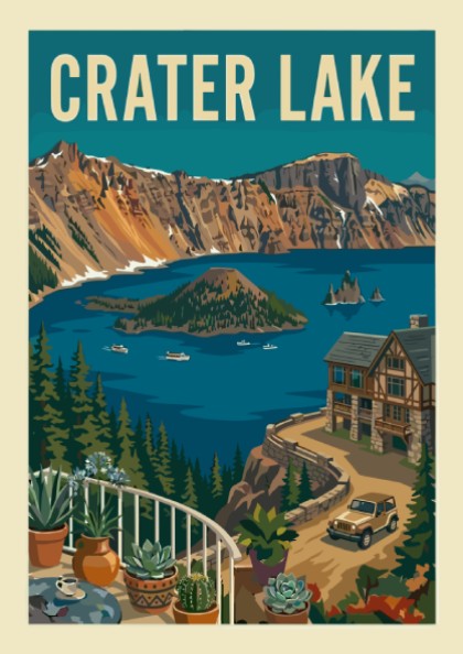 Vintage Crater Lake National Park poster with a retro illustration of the lake, mountains, and lodge.