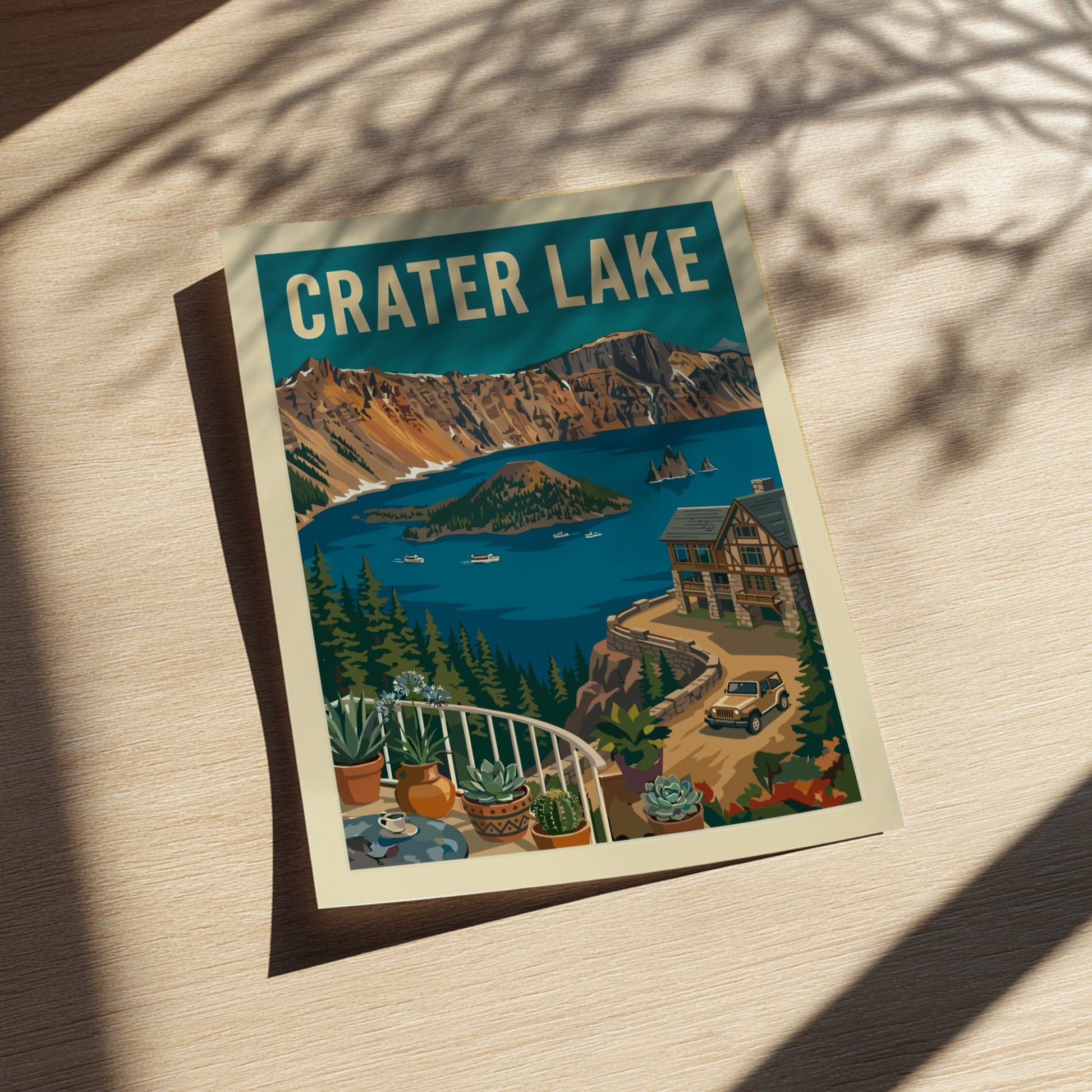 Vintage Crater Lake National Park poster with a retro illustration of the lake, mountains, and lodge.