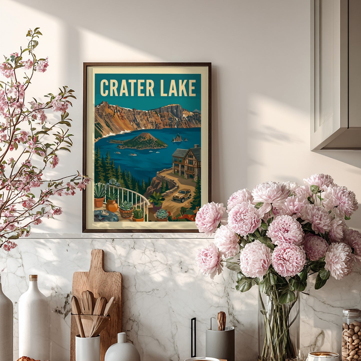 Vintage Crater Lake National Park poster with a retro illustration of the lake, mountains, and lodge.