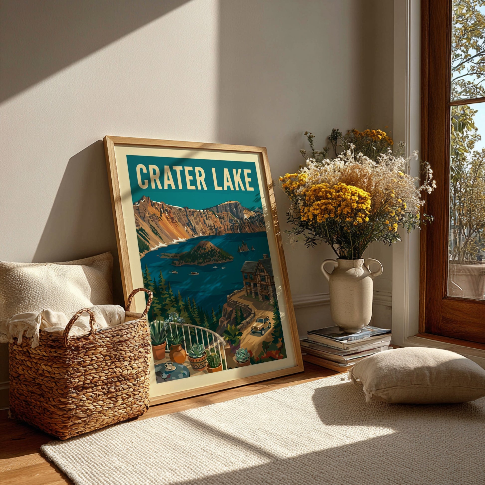 Vintage Crater Lake National Park poster with a retro illustration of the lake, mountains, and lodge.