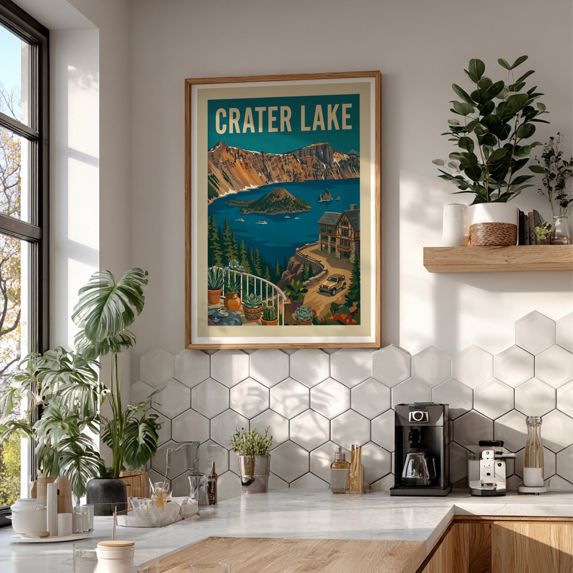 Vintage Crater Lake National Park poster with a retro illustration of the lake, mountains, and lodge.