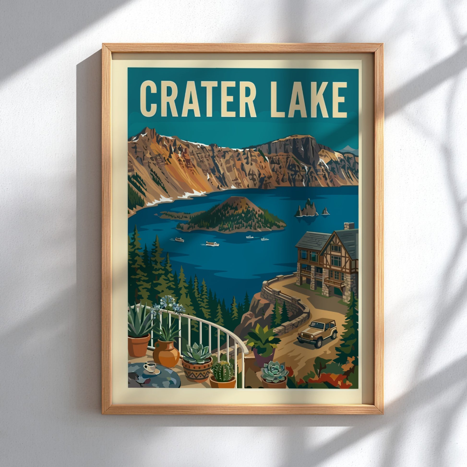 Vintage Crater Lake National Park poster with a retro illustration of the lake, mountains, and lodge.