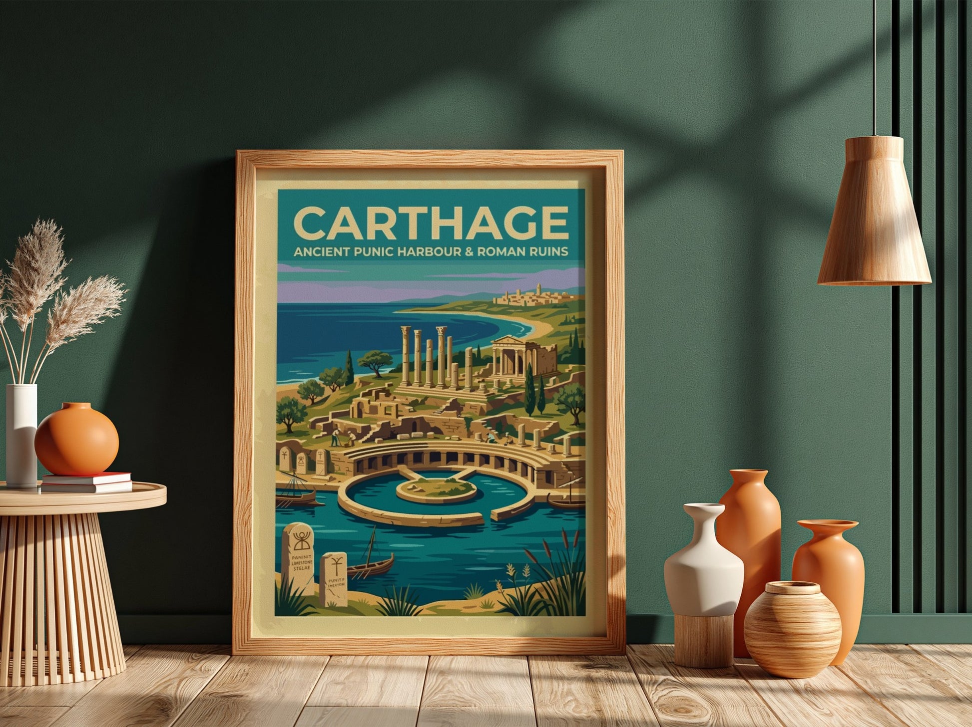 Travel poster of Carthage featuring the ancient Punic harbour and Roman ruins in Tunisia