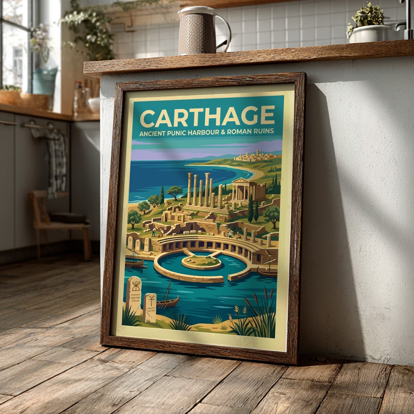 Travel poster of Carthage featuring the ancient Punic harbour and Roman ruins in Tunisia