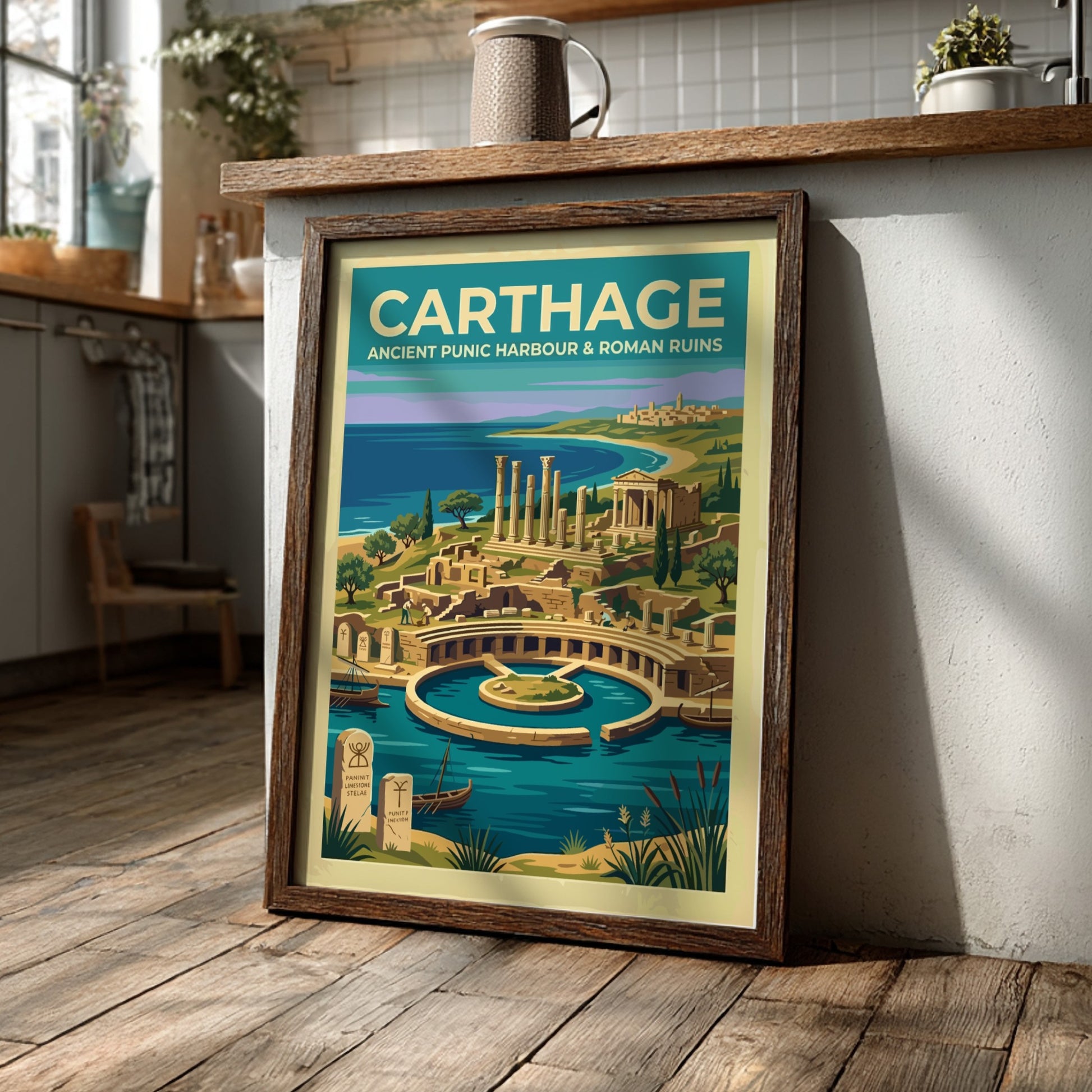 Travel poster of Carthage featuring the ancient Punic harbour and Roman ruins in Tunisia
