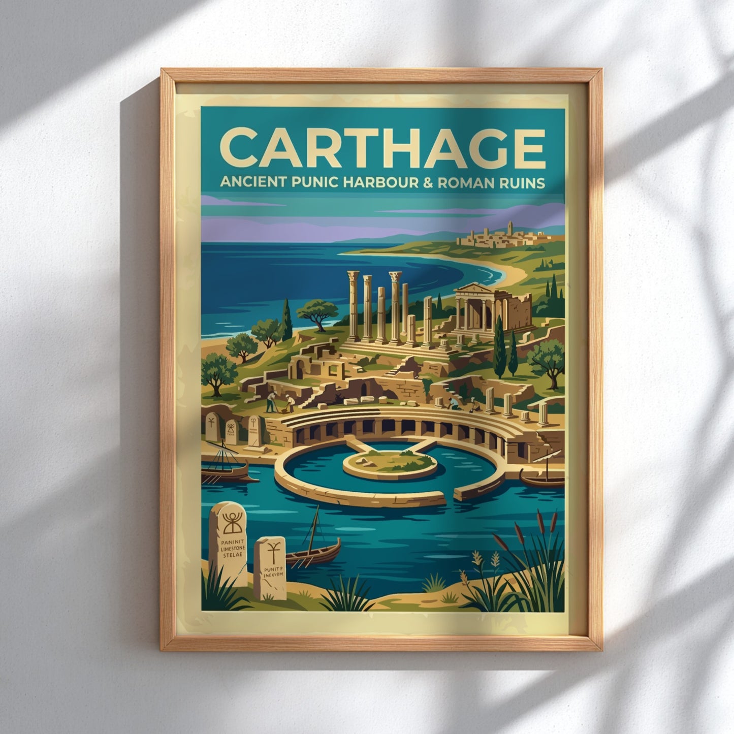 Travel poster of Carthage featuring the ancient Punic harbour and Roman ruins in Tunisia