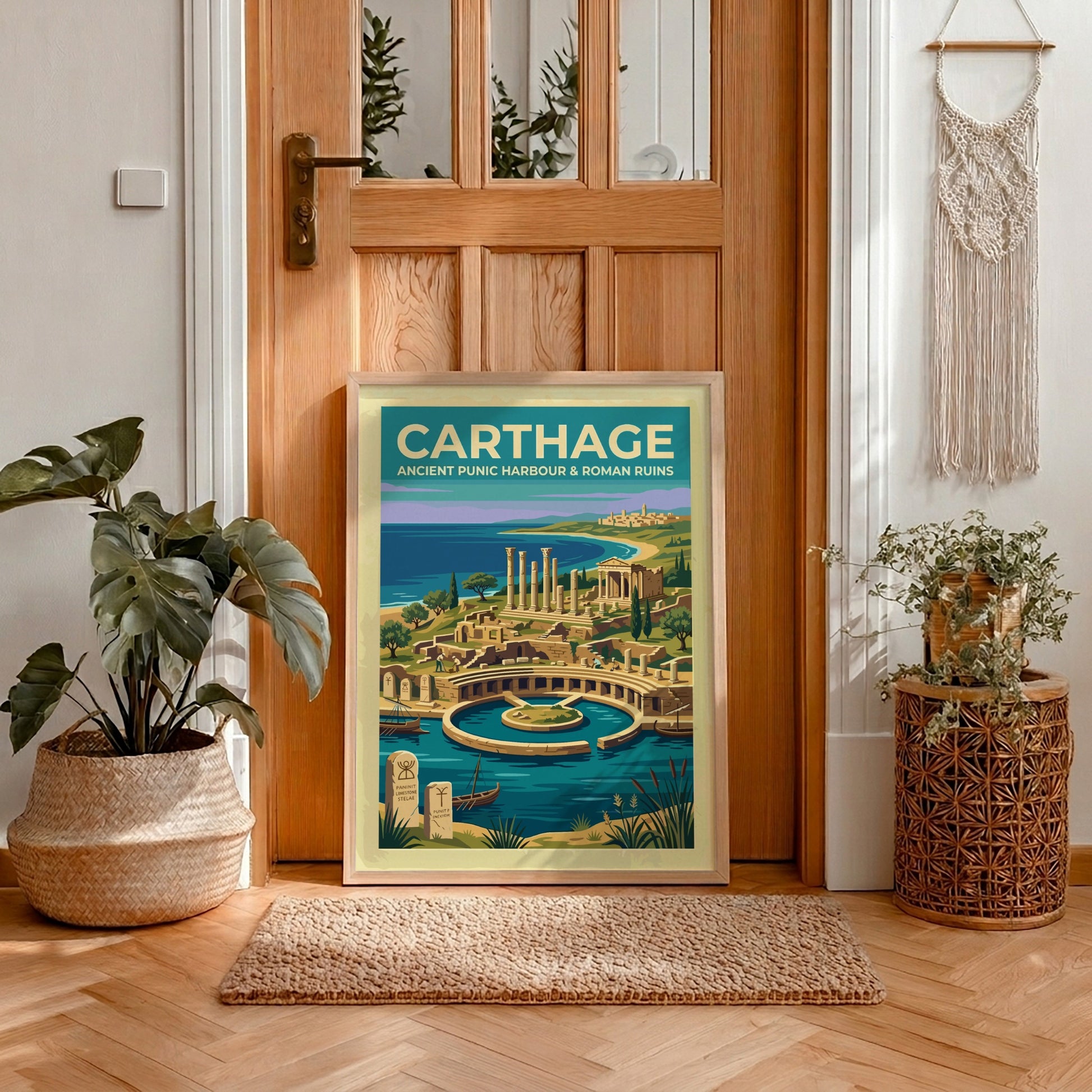 Travel poster of Carthage featuring the ancient Punic harbour and Roman ruins in Tunisia