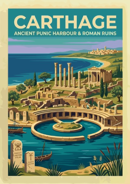 Travel poster of Carthage featuring the ancient Punic harbour and Roman ruins in Tunisia