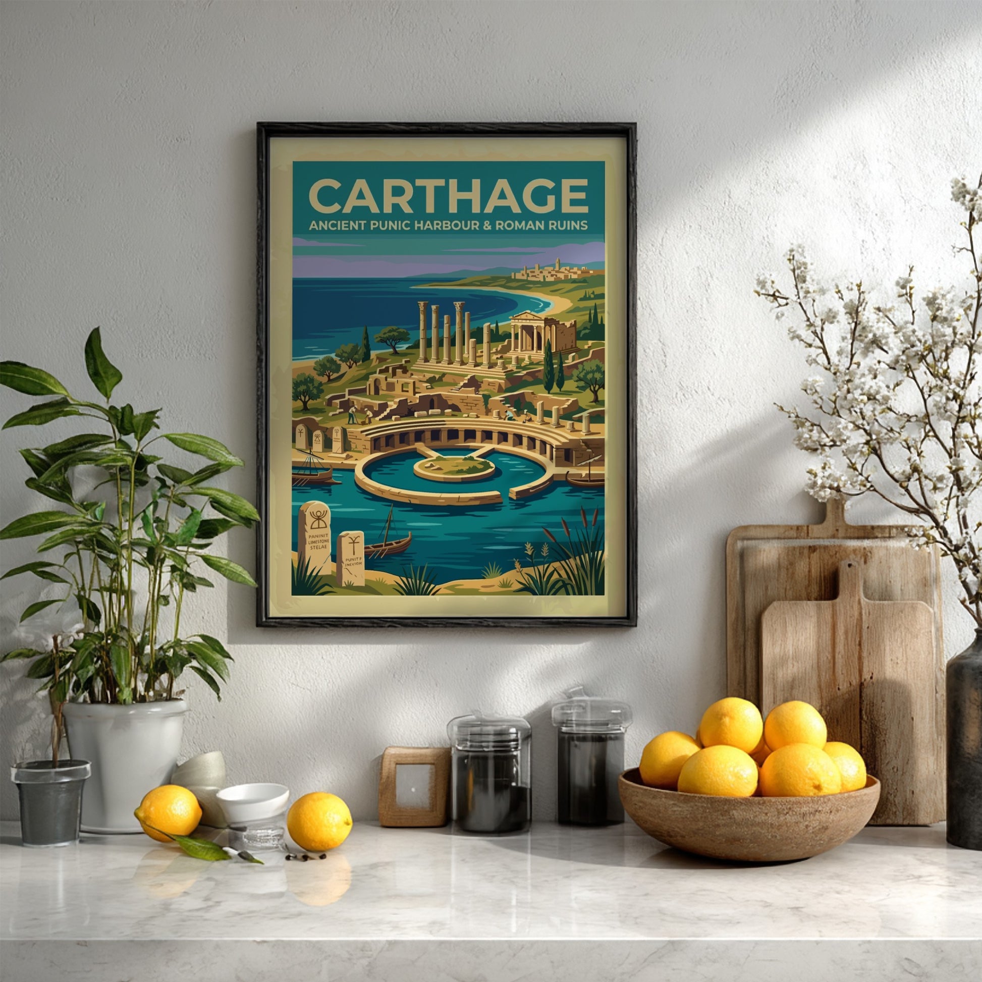 Travel poster of Carthage featuring the ancient Punic harbour and Roman ruins in Tunisia