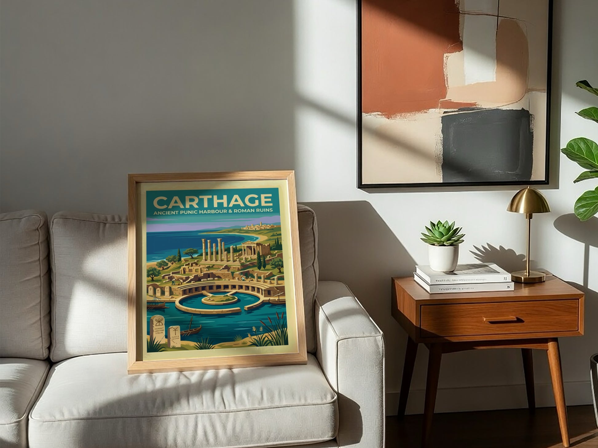 Travel poster of Carthage featuring the ancient Punic harbour and Roman ruins in Tunisia