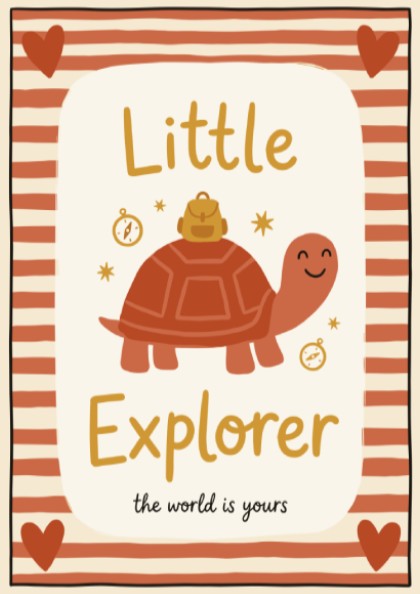 Kids room poster featuring a cartoon tortoise with a rucksack in warm colors, perfect for nursery decor.