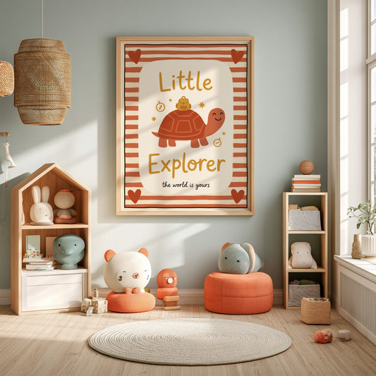 Kids room poster featuring a cartoon tortoise with a rucksack in warm colors, perfect for nursery decor.