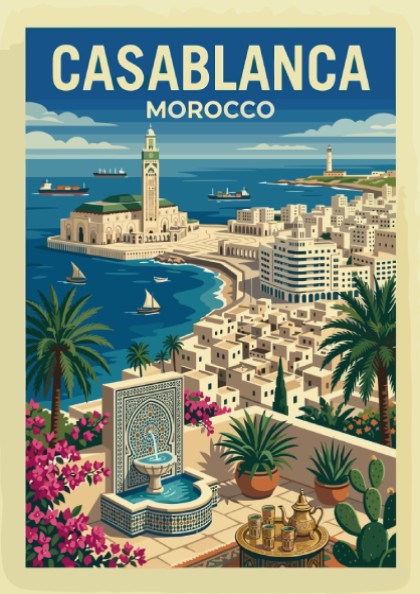 Casablanca travel poster featuring Hassan II Mosque, ocean, and palm trees in a vintage art style.