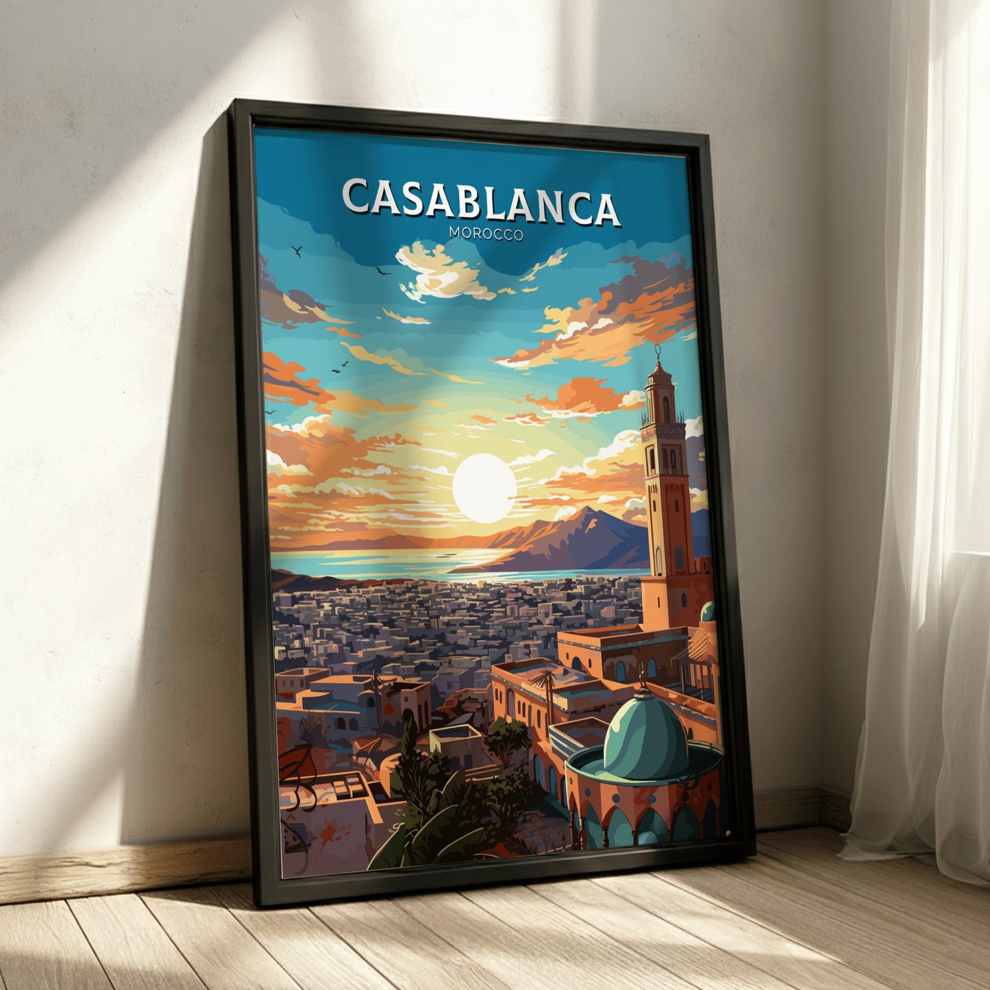 Framed poster of Casablanca, Morocco with a scenic city view and sunset.