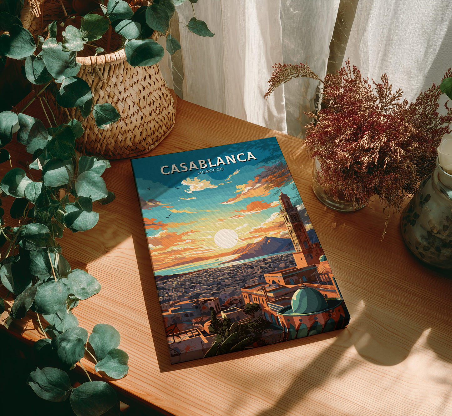 Book titled 'Casablanca' on a wooden table with plants around