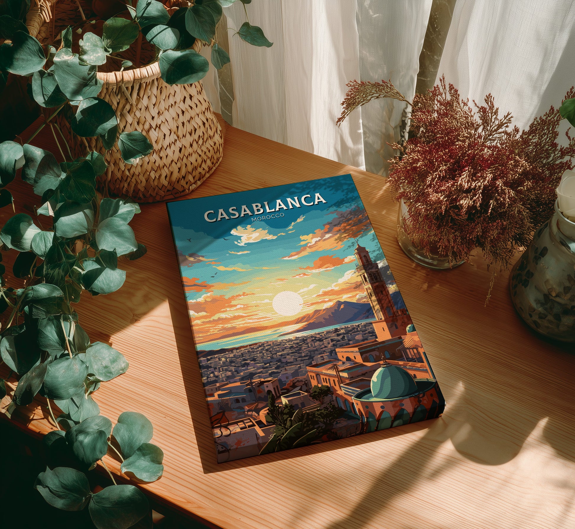 Book titled 'Casablanca' on a wooden table with plants around