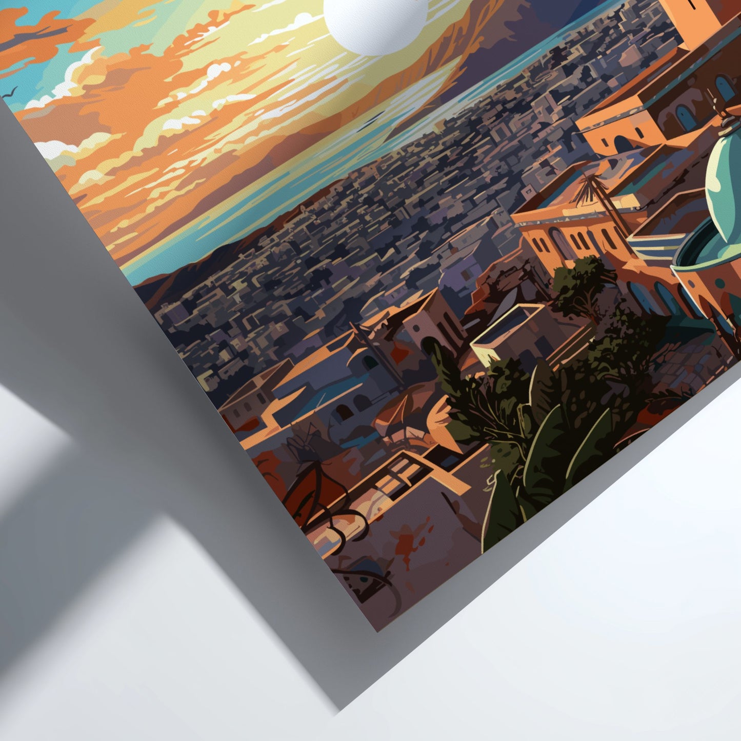 Colorful cityscape illustration with a sunset and buildings.